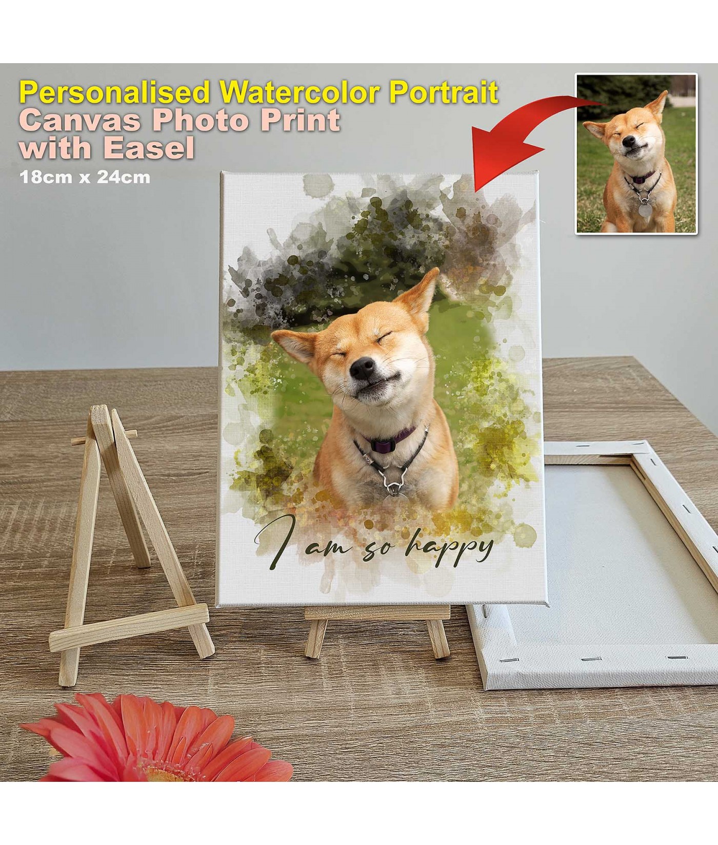 Custom Pet Portrait Canvas Print Watercolor Style Dog Cat Photo Gift with Easel