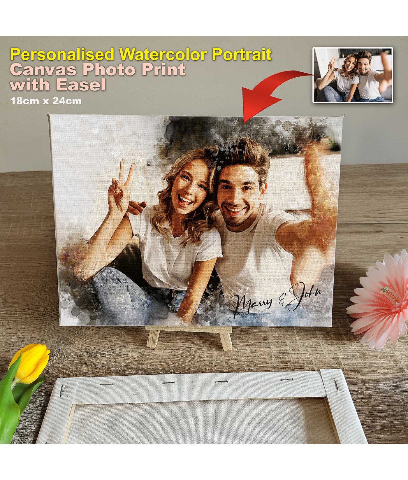 Personalised Portrait Watercolor Canvas Print Photo Anniversary Gift with Easel